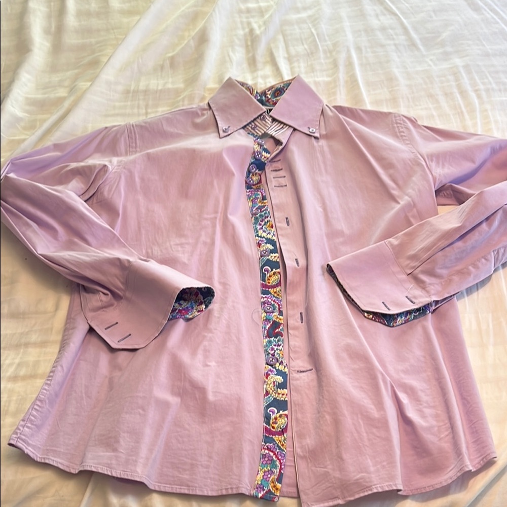 Lavender Button-Up Shirt with Paisley Trim